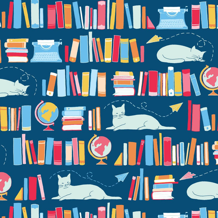 P-2333E - My Favorite Things 12 x 12 Paper - Dark blue background featuring white cats, colorful books, typewriters, globes, and paper planes in a repeating pattern