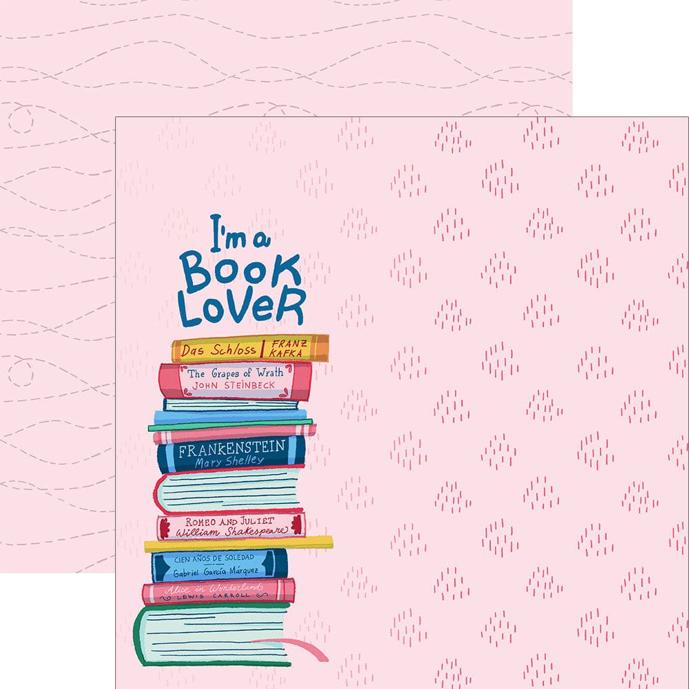 P-2334E - Book Lover 12 x 12 Paper - Pink decorative paper featuring a stack of colorful books with "I&