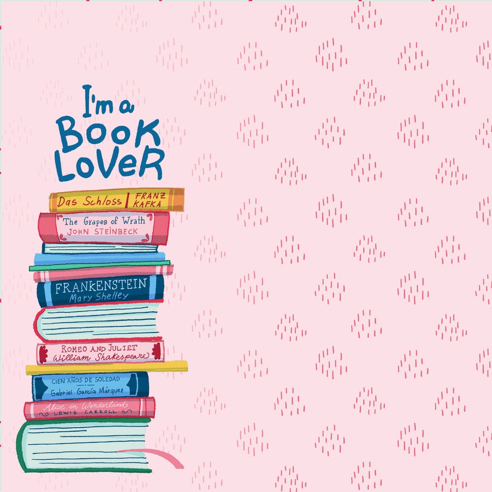 P-2334E - Book Lover 12 x 12 Paper - Illustrated stack of colorful classic books with "I'm a Book Lover" text on pink background with rain pattern