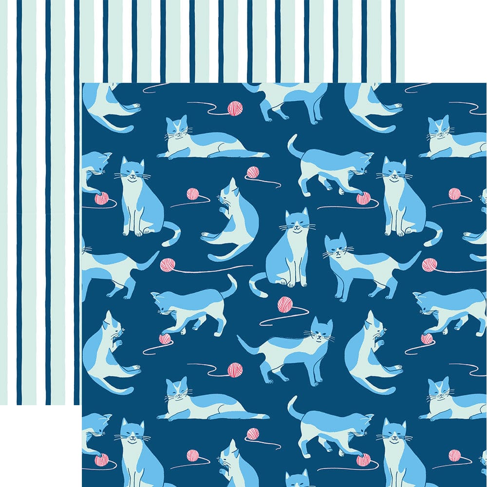 P-2335E - Cat Lover 12 x 12 Paper - Double-sided scrapbook paper featuring playful cats and yarn balls on dark blue with coordinating striped pattern on reverse