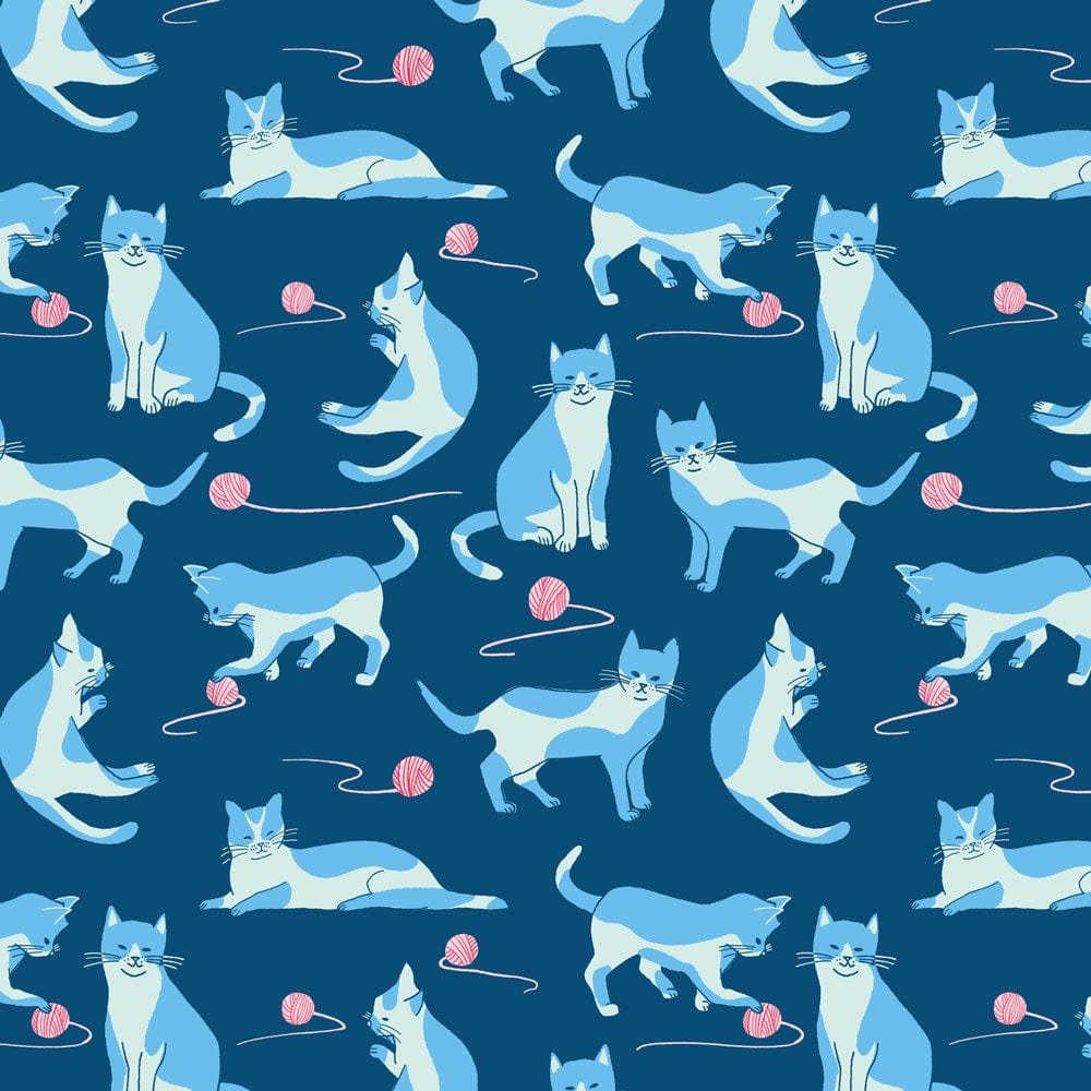 P-2335E - Cat Lover 12 x 12 Paper - Seamless pattern of blue and white cats in various poses playing with pink yarn balls on a dark blue background