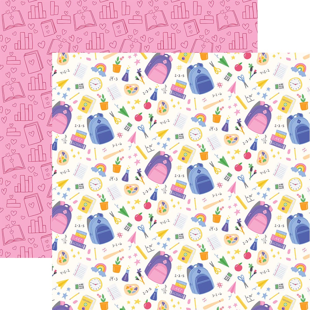 P-2336E - School Days 12 x 12 Paper - Reversible scrapbook paper featuring school supplies, backpacks, and math equations on cream and pink backgrounds