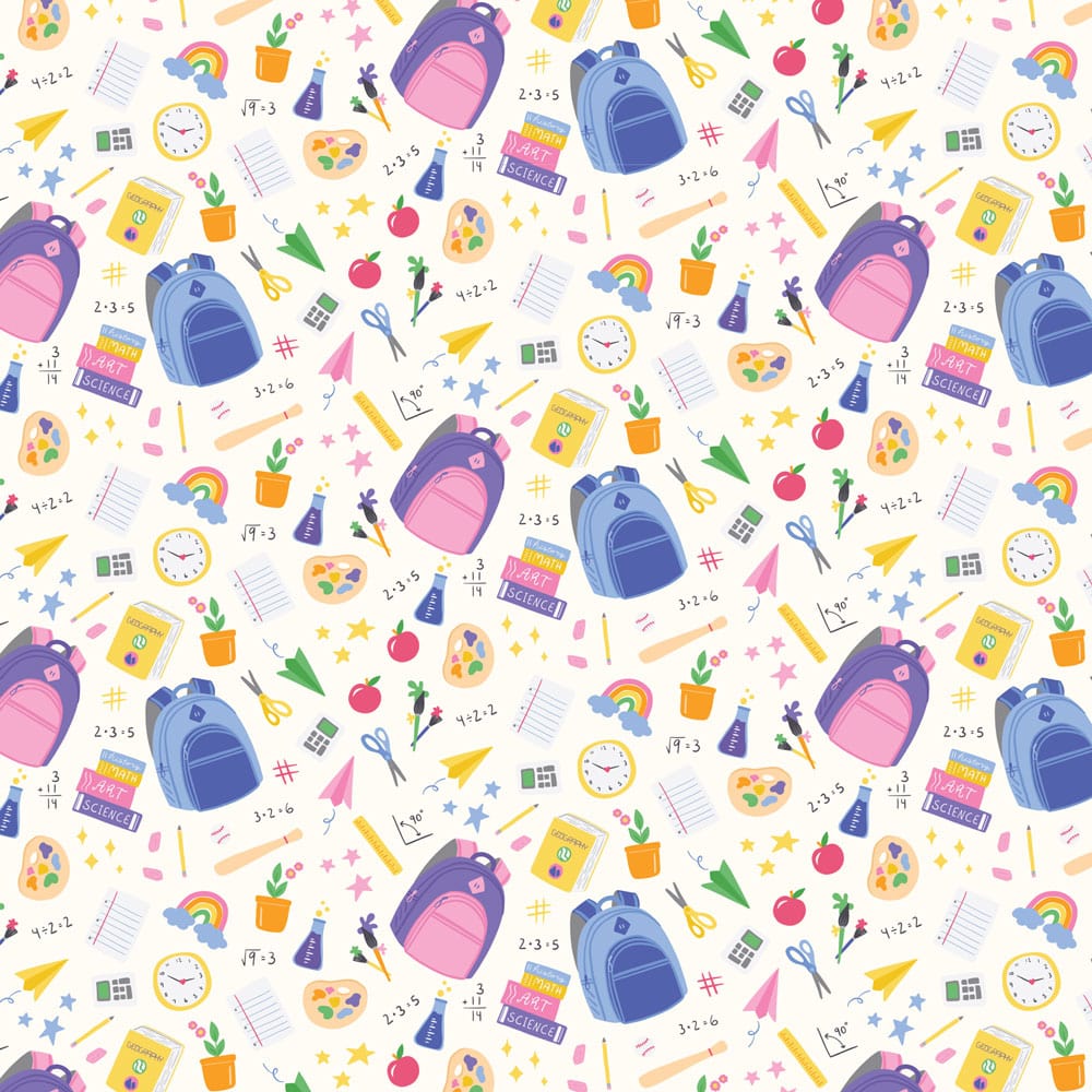 P-2336E - School Days 12 x 12 Paper - Colorful back-to-school pattern featuring pink and blue backpacks, math equations, clocks, apples, scissors, and stars on white background