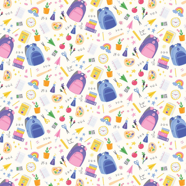 P-2336E - School Days 12 x 12 Paper - Colorful back-to-school pattern featuring pink and blue backpacks, math equations, clocks, apples, scissors, and stars on white background