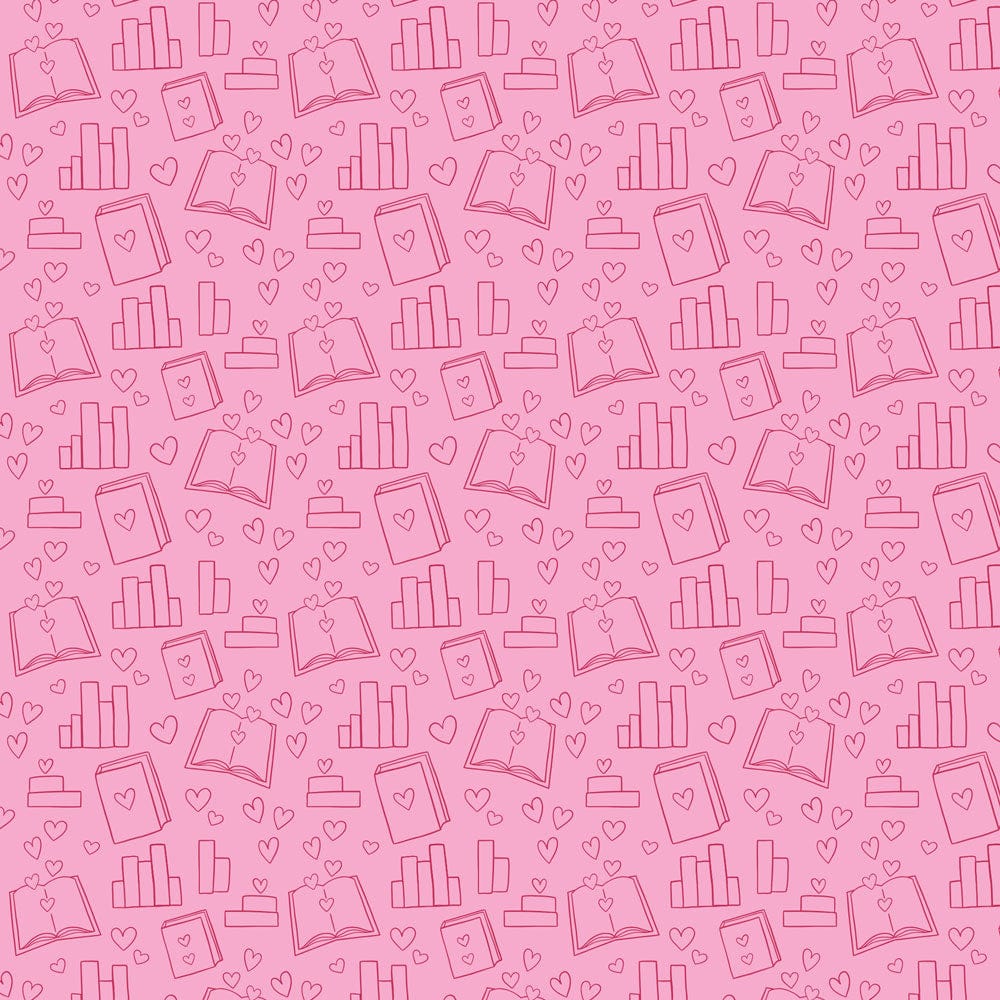P-2336E - School Days 12 x 12 Paper - Pink seamless pattern featuring books, bar charts, hearts, and stacked boxes on a light pink background