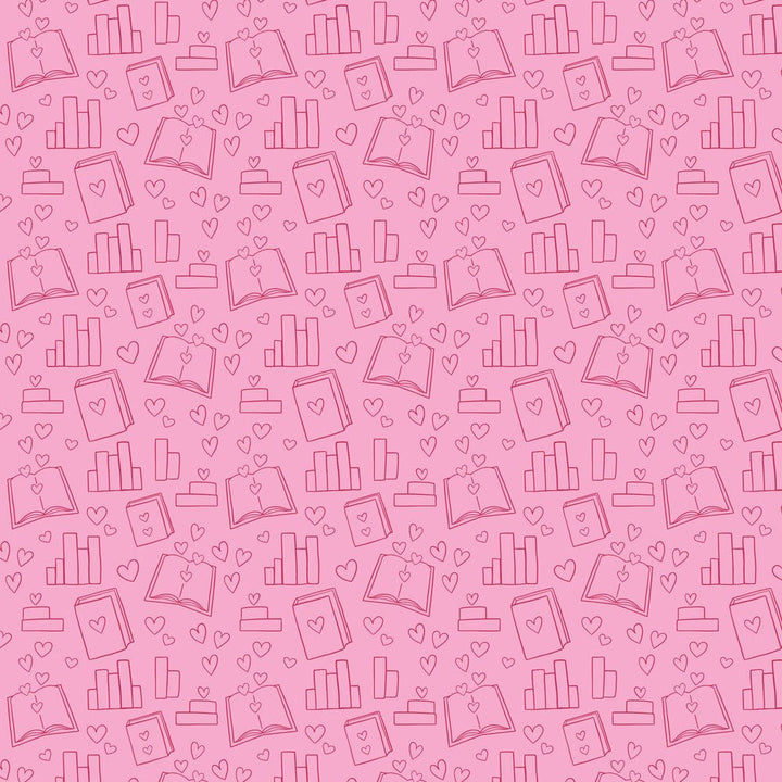 P-2336E - School Days 12 x 12 Paper - Pink seamless pattern featuring books, bar charts, hearts, and stacked boxes on a light pink background