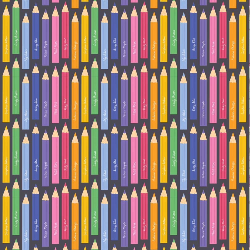 P-2337E - Colored Pencils 12 x 12 Paper - Repeating pattern of colorful sharpened pencils in yellow, green, blue, purple, pink, and orange on a dark gray background