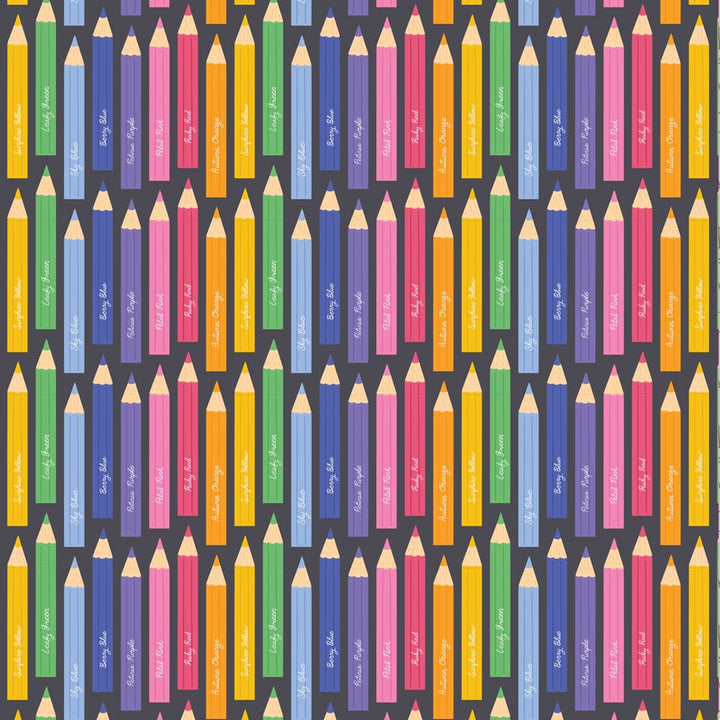 P-2337E - Colored Pencils 12 x 12 Paper - Repeating pattern of colorful sharpened pencils in yellow, green, blue, purple, pink, and orange on a dark gray background