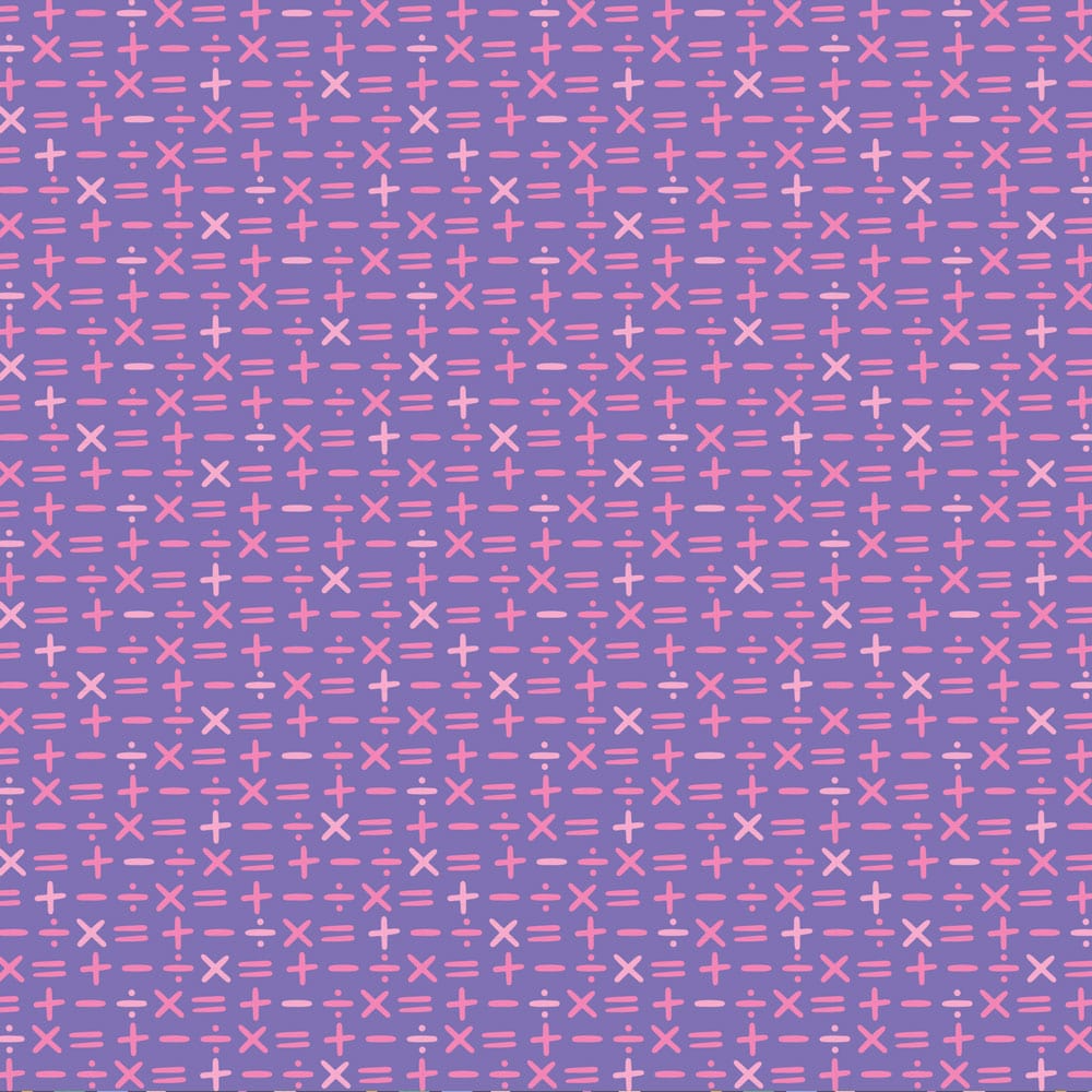 P-2337E - Colored Pencils 12 x 12 Paper - Purple gradient background with repeating pink mathematical symbols including plus signs, minus signs, multiplication signs, and equals signs