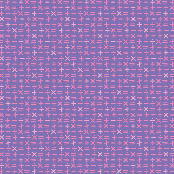 P-2337E - Colored Pencils 12 x 12 Paper - Purple gradient background with repeating pink mathematical symbols including plus signs, minus signs, multiplication signs, and equals signs