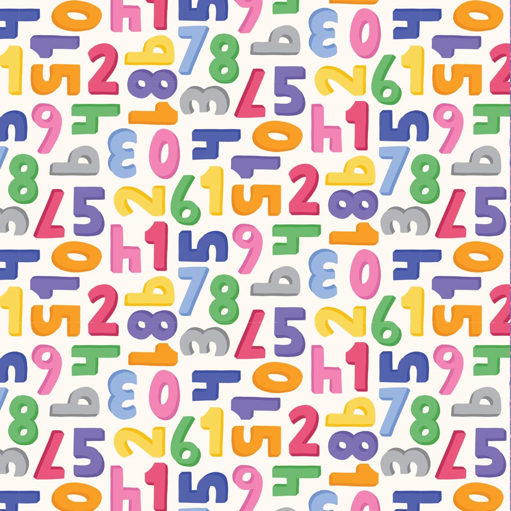 P-2338E - Numbers 12 x 12 Paper - Colorful numbered pattern featuring digits 0-9 in multiple bright colors including pink, blue, green, orange, and yellow on white background