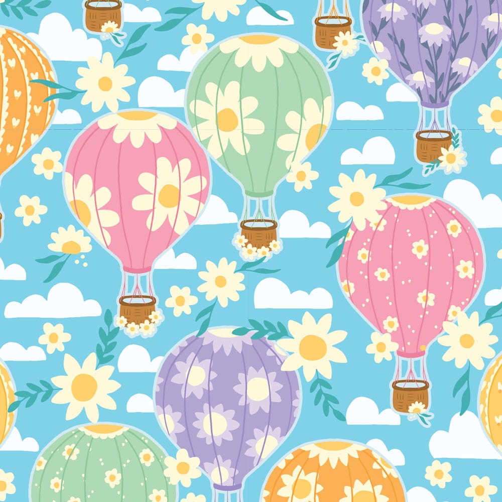 P-2339E - Lighter than Air 12 x 12 Paper - Colorful hot air balloons with daisy patterns floating among clouds and flowers on a bright blue background