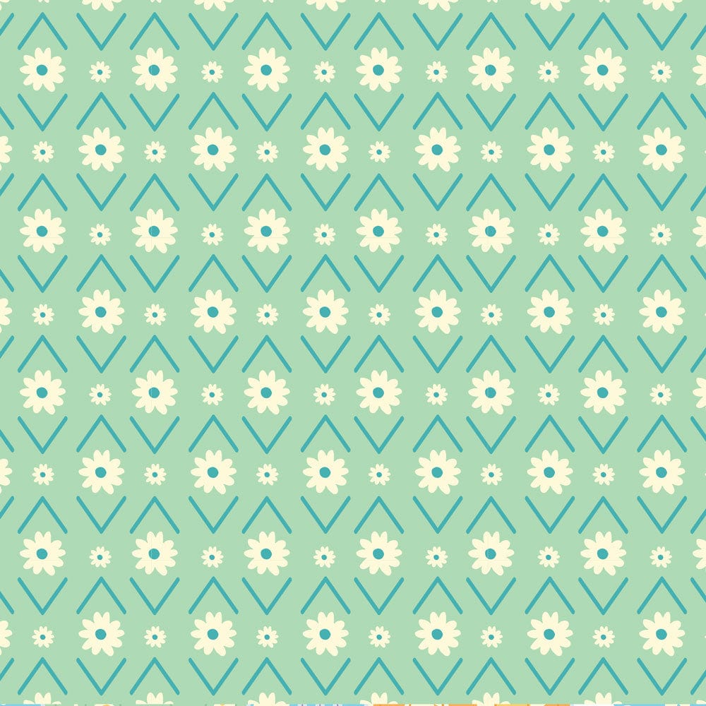 P-2339E - Lighter than Air 12 x 12 Paper - Mint green background with repeating pattern of cream daisies and teal chevron lines arranged in rows