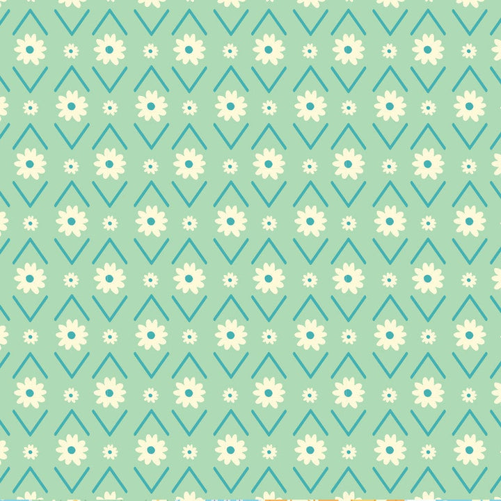 P-2339E - Lighter than Air 12 x 12 Paper - Mint green background with repeating pattern of cream daisies and teal chevron lines arranged in rows