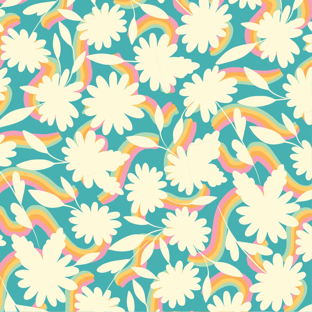P-2340E - Rainbow Dreams 12 x 12 Paper - Cream daisies and rainbow-striped leaves on a teal background in a seamless floral pattern