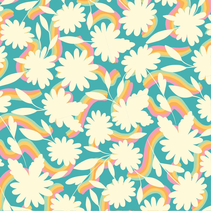 P-2340E - Rainbow Dreams 12 x 12 Paper - Cream daisies and rainbow-striped leaves on a teal background in a seamless floral pattern