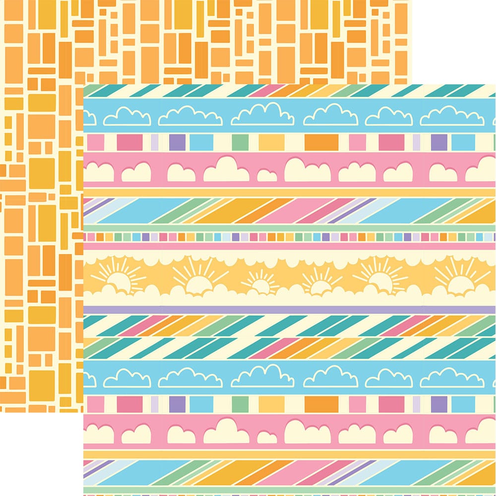 P-2341E - Atmosphere 12 x 12 Paper - Colorful decorative paper featuring horizontal bands with clouds, suns, stripes, and geometric patterns in pink, blue, yellow, and orange