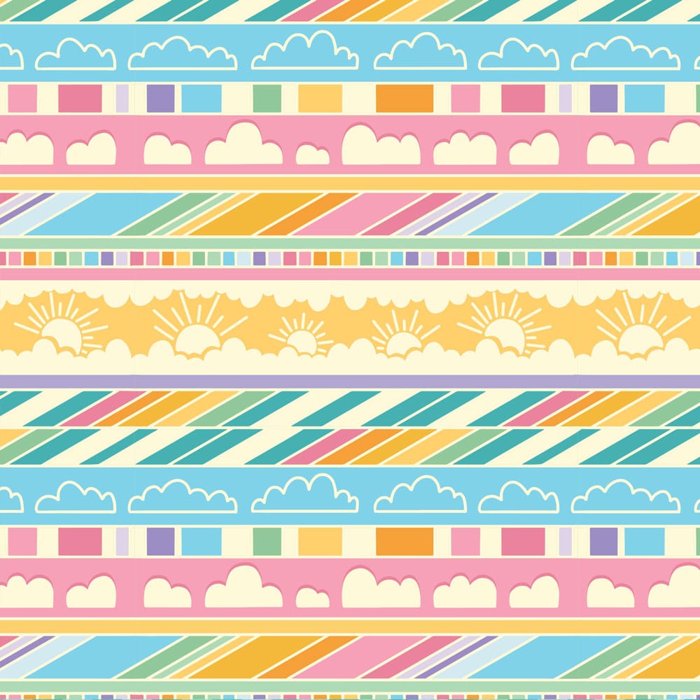 P-2341E - Atmosphere 12 x 12 Paper - Colorful decorative paper with repeating horizontal stripes featuring clouds, suns, diagonal lines, and small squares in pink, blue, yellow, and green