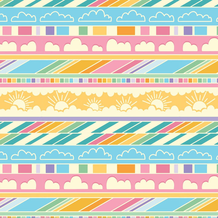 P-2341E - Atmosphere 12 x 12 Paper - Colorful decorative paper with repeating horizontal stripes featuring clouds, suns, diagonal lines, and small squares in pink, blue, yellow, and green