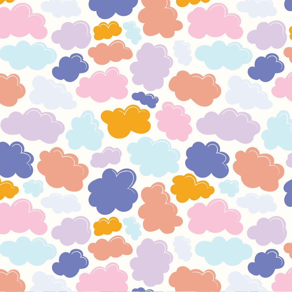 P-2342E - Clouds 12 x 12 Paper - Colorful cloud pattern in pink, blue, purple, orange, yellow, and light blue on white background