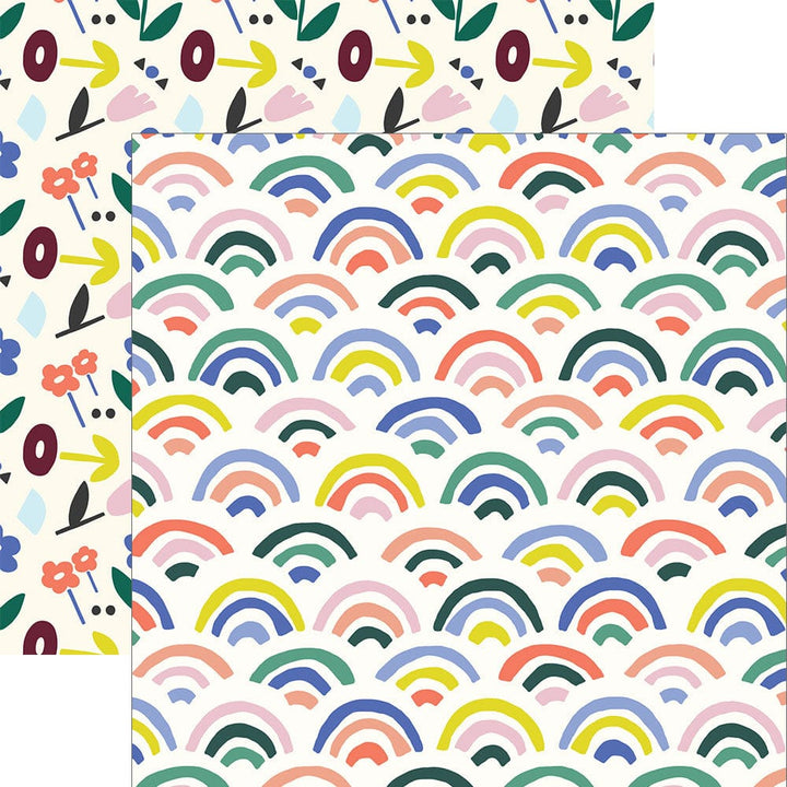 P-2343E - Rainbows 12 x 12 Paper - Colorful rainbow arc pattern in pink, blue, yellow, green, and coral on cream background with coordinating botanical design sheet