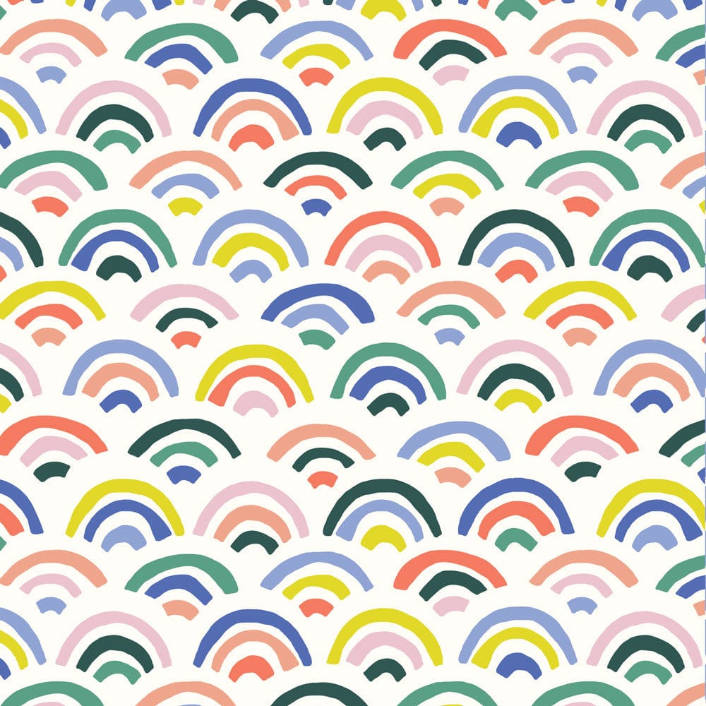 P-2343E - Rainbows 12 x 12 Paper - Colorful overlapping rainbow arcs in pink, yellow, blue, green, and coral on a white background