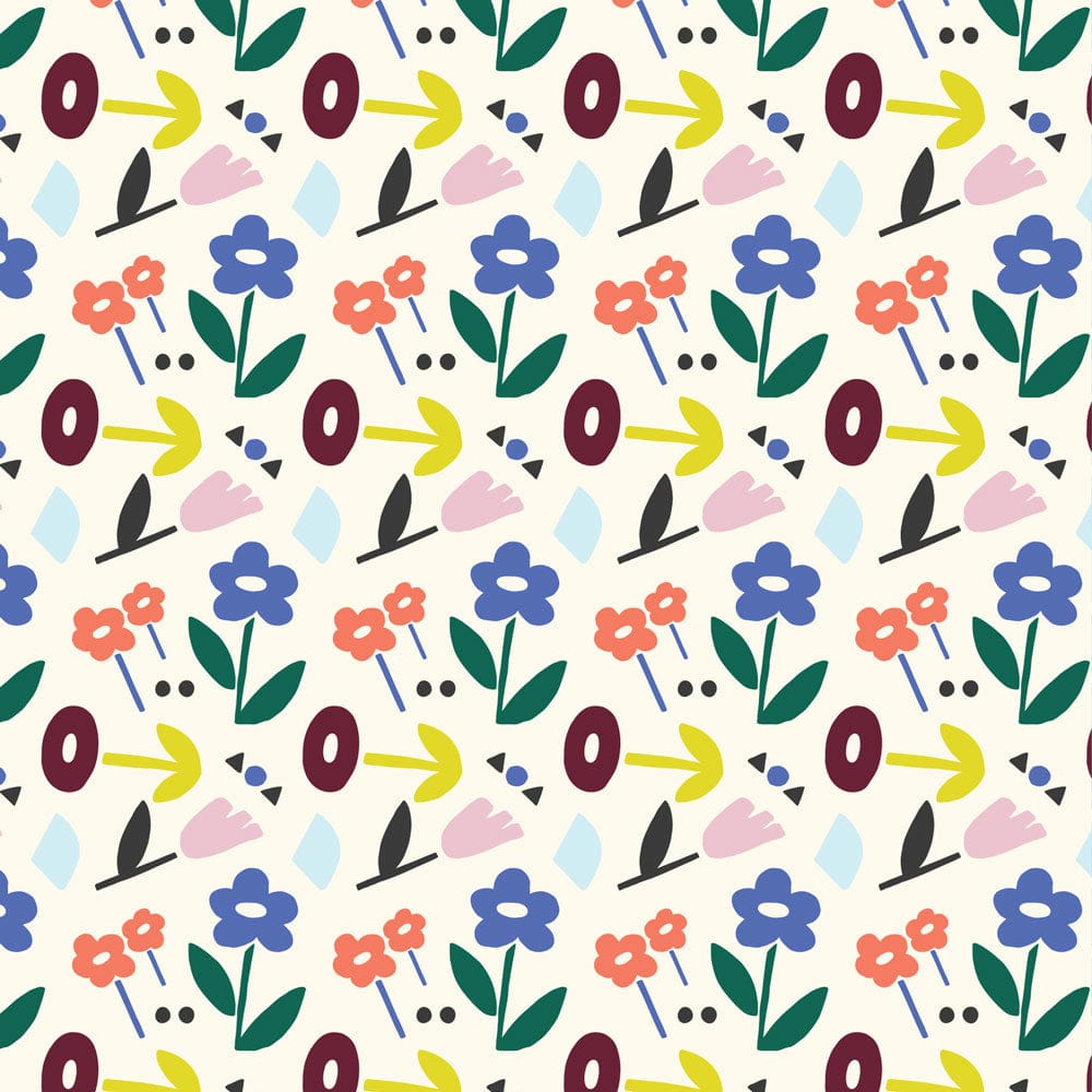P-2343E - Rainbows 12 x 12 Paper - Colorful seamless pattern with flowers, leaves, arrows, and abstract shapes in blue, coral, yellow, pink, and green on cream background