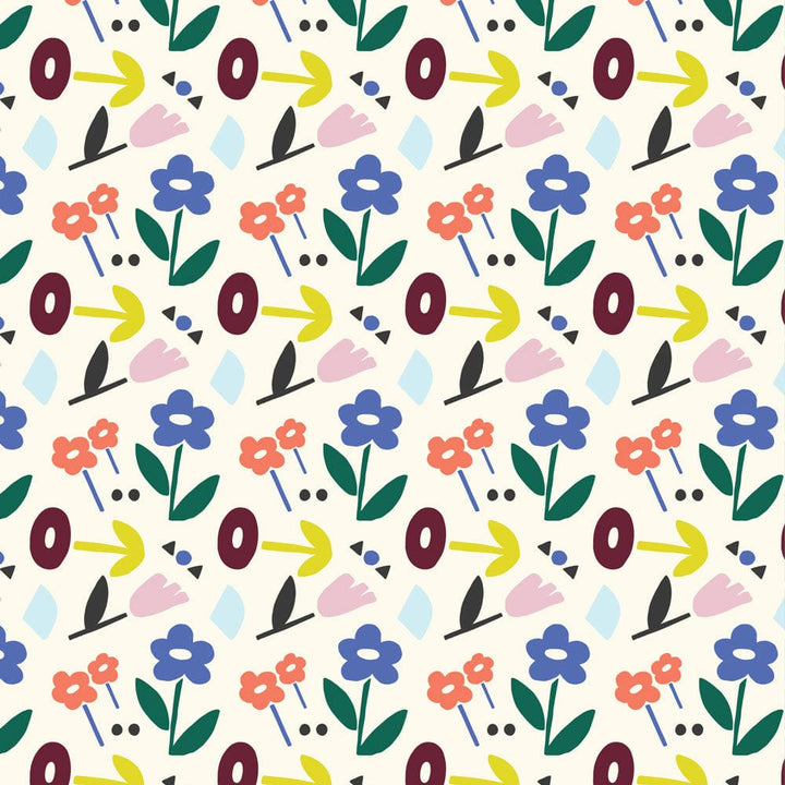 P-2343E - Rainbows 12 x 12 Paper - Colorful seamless pattern with flowers, leaves, arrows, and abstract shapes in blue, coral, yellow, pink, and green on cream background