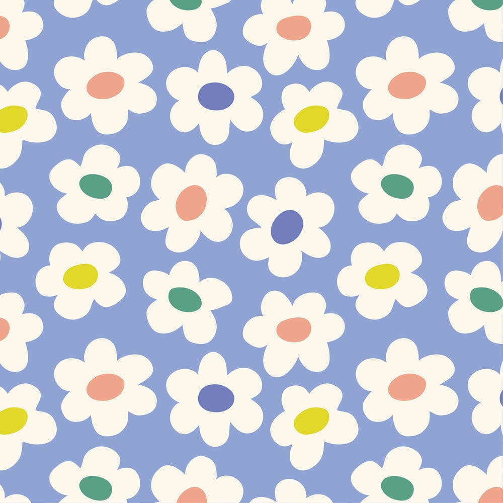 P-2344E - GeoPop Daisies 12 x 12 Paper - Seamless pattern of white daisy flowers with colored centers on a periwinkle blue background