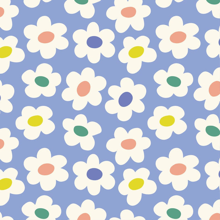 P-2344E - GeoPop Daisies 12 x 12 Paper - Seamless pattern of white daisy flowers with colored centers on a periwinkle blue background