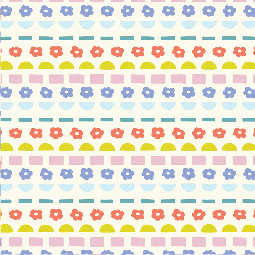 P-2344E - GeoPop Daisies 12 x 12 Paper - Repeating pattern of colorful geometric shapes including blue flowers, light blue semicircles, teal rectangles, coral flowers, yellow semicircles, and pink squares on cream background
