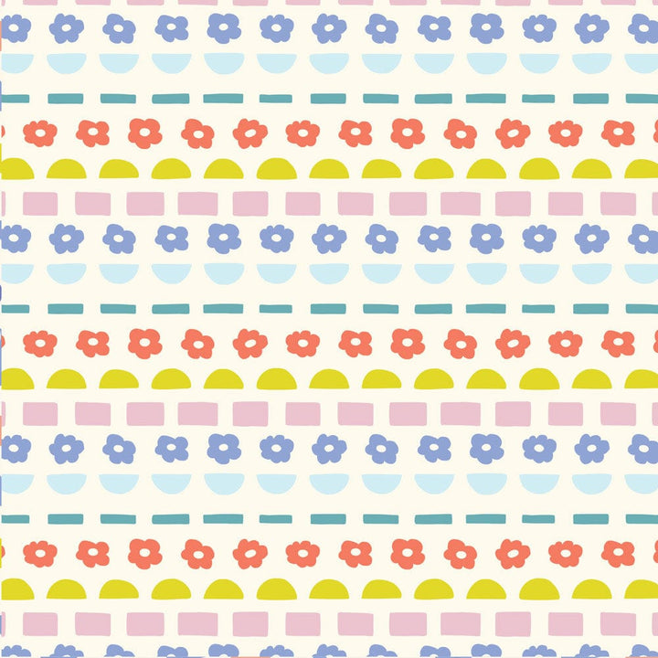 P-2344E - GeoPop Daisies 12 x 12 Paper - Repeating pattern of colorful geometric shapes including blue flowers, light blue semicircles, teal rectangles, coral flowers, yellow semicircles, and pink squares on cream background