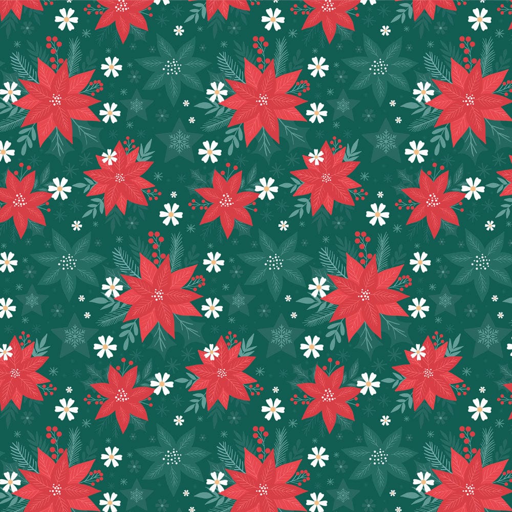 P-2345E - Poinsettia 12 x 12 Paper - Festive seamless pattern with red poinsettias, white flowers, green foliage, and snowflakes on a dark green background