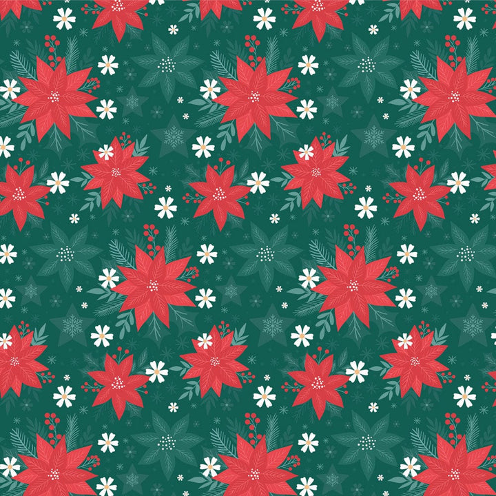 P-2345E - Poinsettia 12 x 12 Paper - Festive seamless pattern with red poinsettias, white flowers, green foliage, and snowflakes on a dark green background