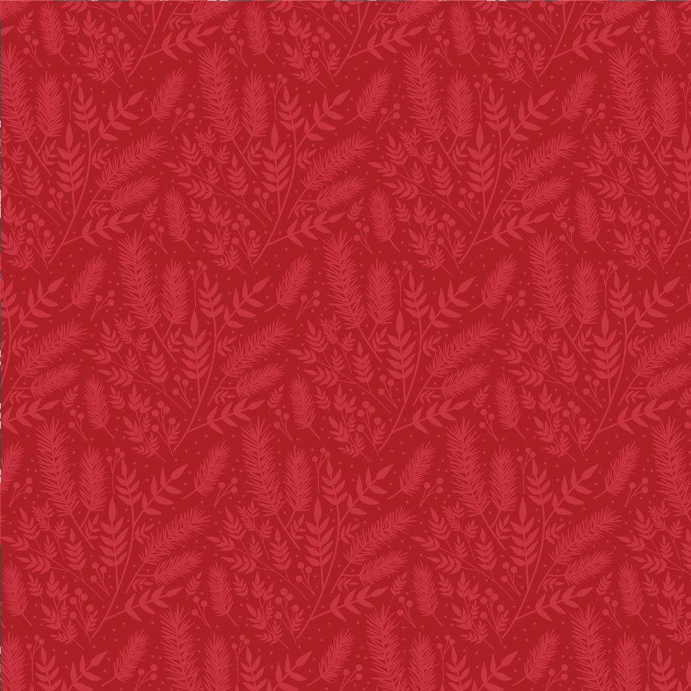 P-2345E - Poinsettia 12 x 12 Paper - Red textured paper with an all-over botanical leaf and fern pattern in varying shades of red