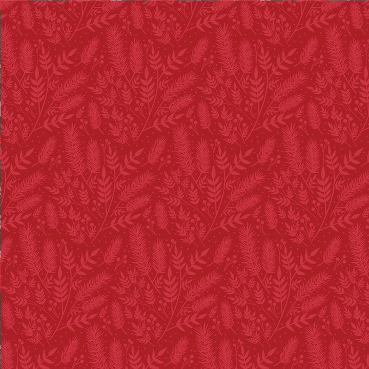 P-2345E - Poinsettia 12 x 12 Paper - Red textured paper with an all-over botanical leaf and fern pattern in varying shades of red