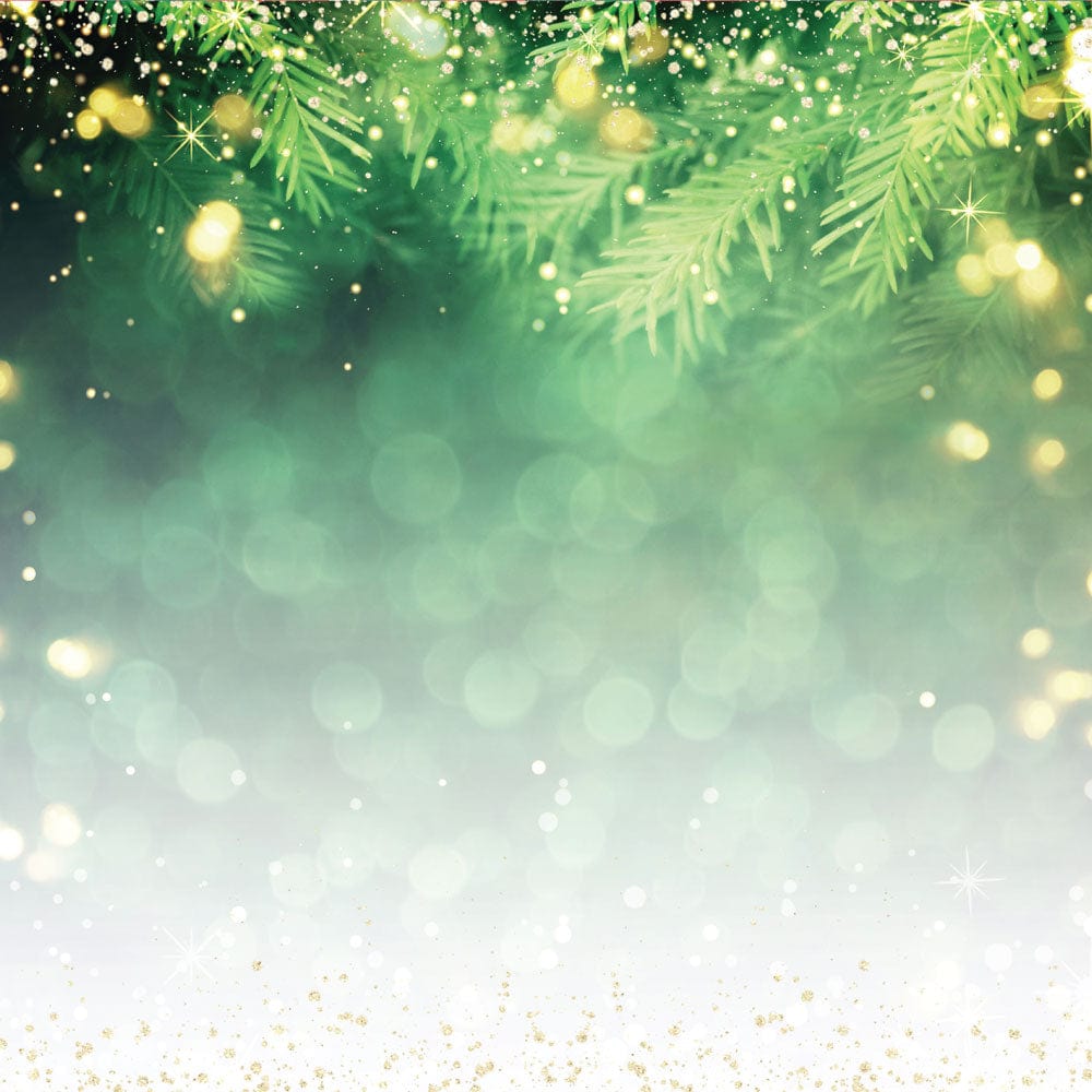 P-2346E - Christmas Sparkle 12 x 12 Paper - Green evergreen branches with gold and white bokeh lights fading to white glitter at bottom