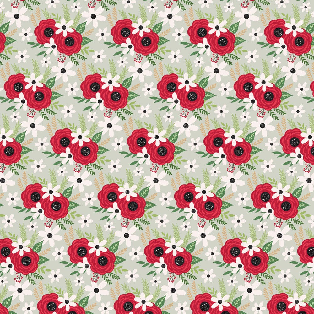 P-2347E - Christmas Roses 12 x 12 Paper - Seamless floral pattern with red roses, white daisy flowers, green foliage, and black accents on a light gray background