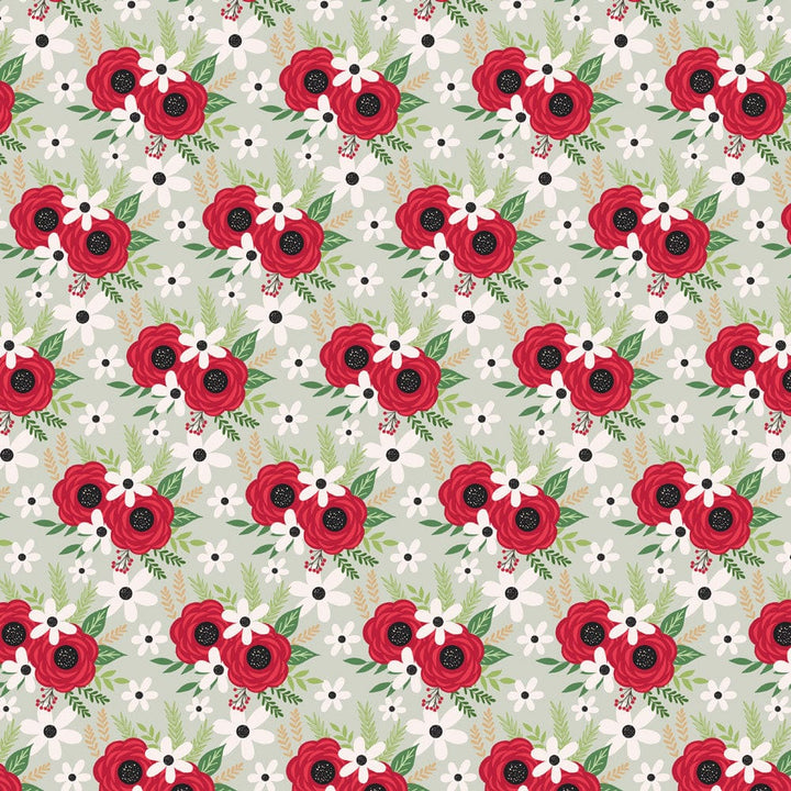 P-2347E - Christmas Roses 12 x 12 Paper - Seamless floral pattern with red roses, white daisy flowers, green foliage, and black accents on a light gray background