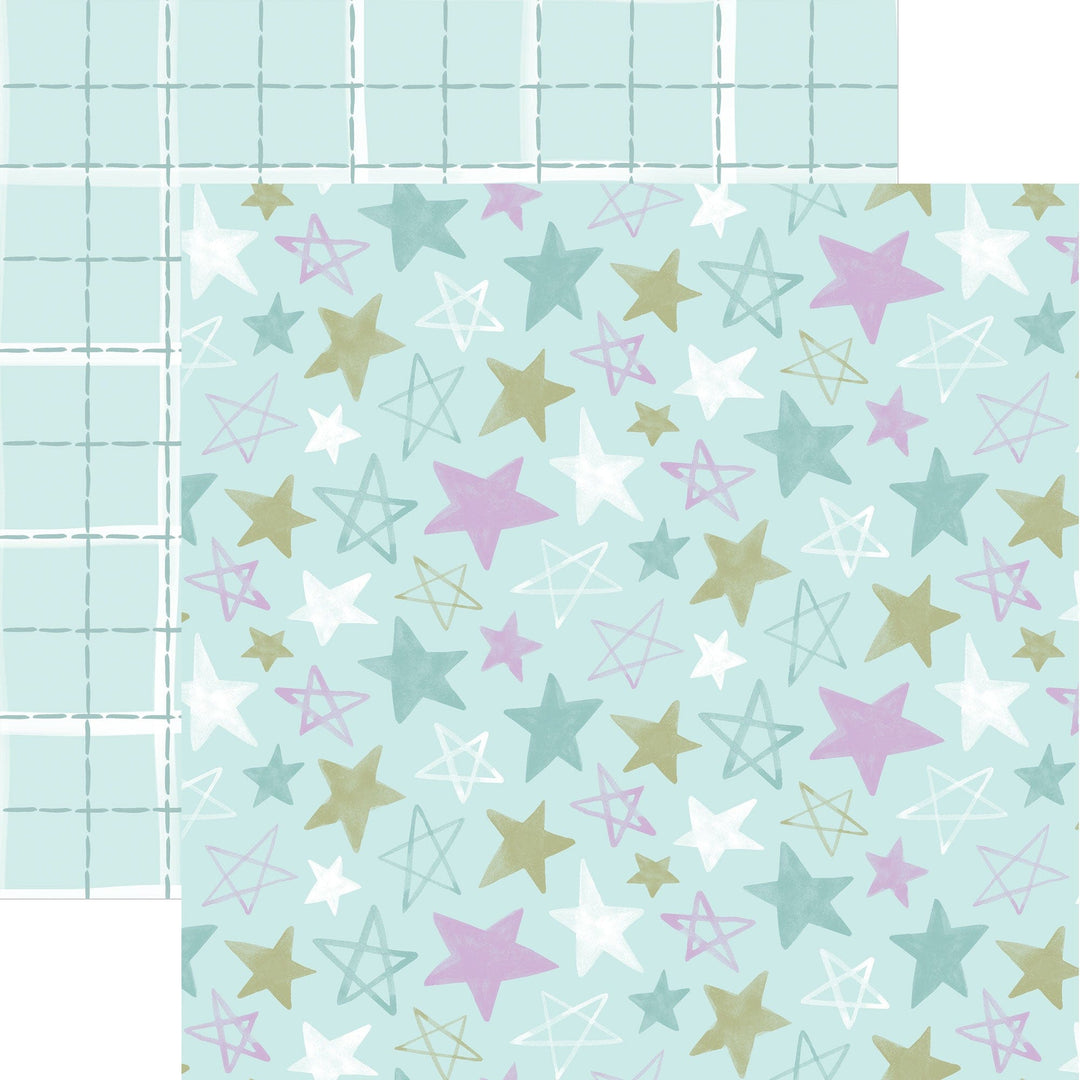 P-2349E - Baby Boy Stars 12 x12 Paper - Light blue scrapbook paper with scattered stars in white, pink, gold, and teal, featuring both solid and outlined designs