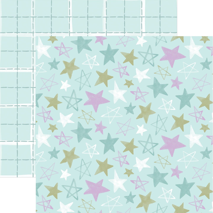 P-2349E - Baby Boy Stars 12 x12 Paper - Light blue scrapbook paper with scattered stars in white, pink, gold, and teal, featuring both solid and outlined designs