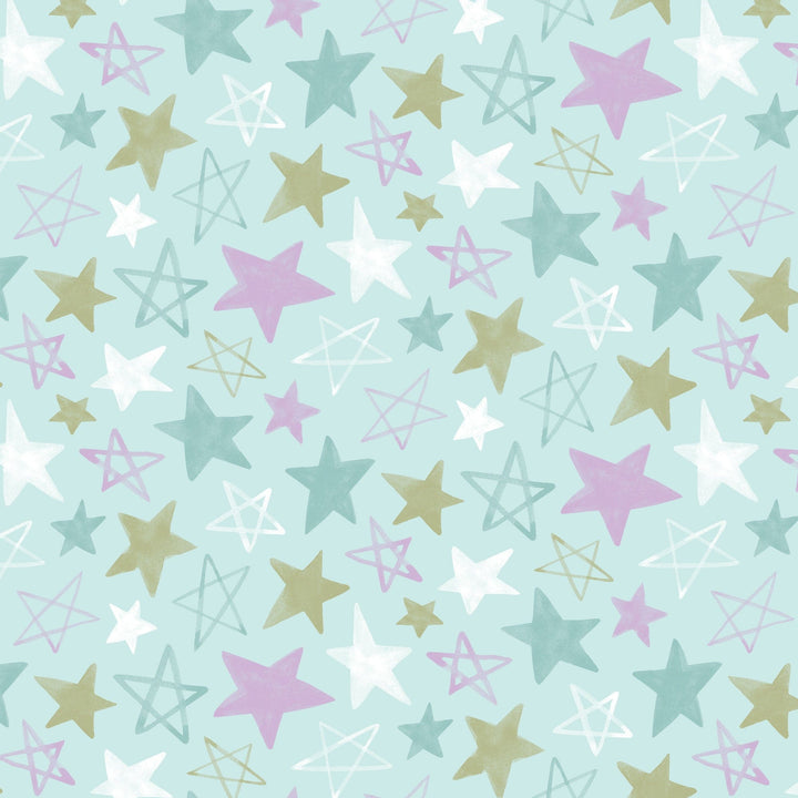 P-2349E - Baby Boy Stars 12 x12 Paper - Light blue background scattered with solid and outlined stars in white, pink, gold, and teal