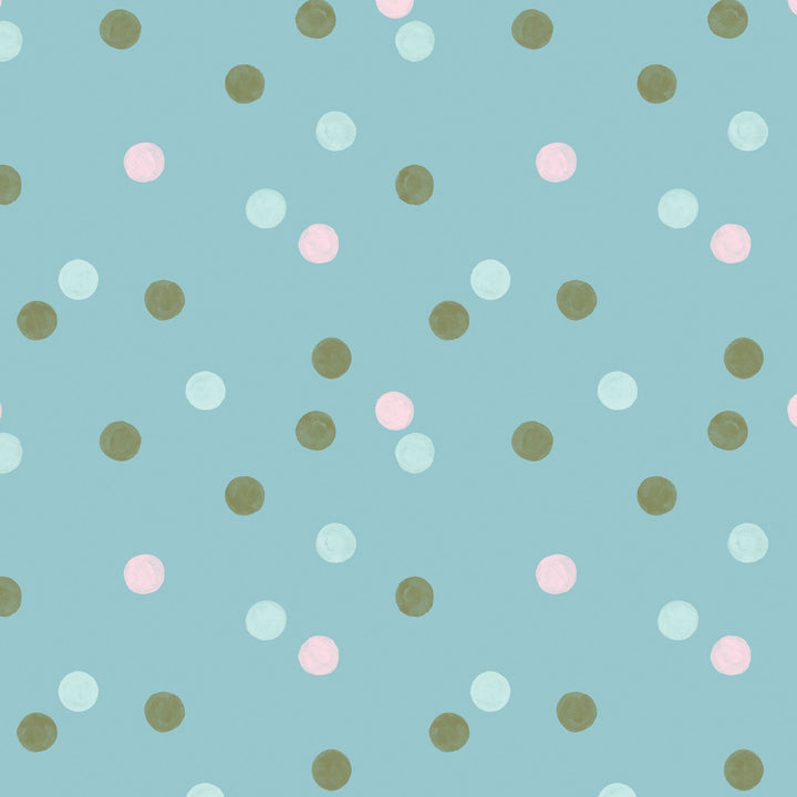 P-2350E - Baby Boy Plaid 12 x12 Paper - Light blue background with scattered gold, light blue, and pink polka dots in an all-over repeating pattern