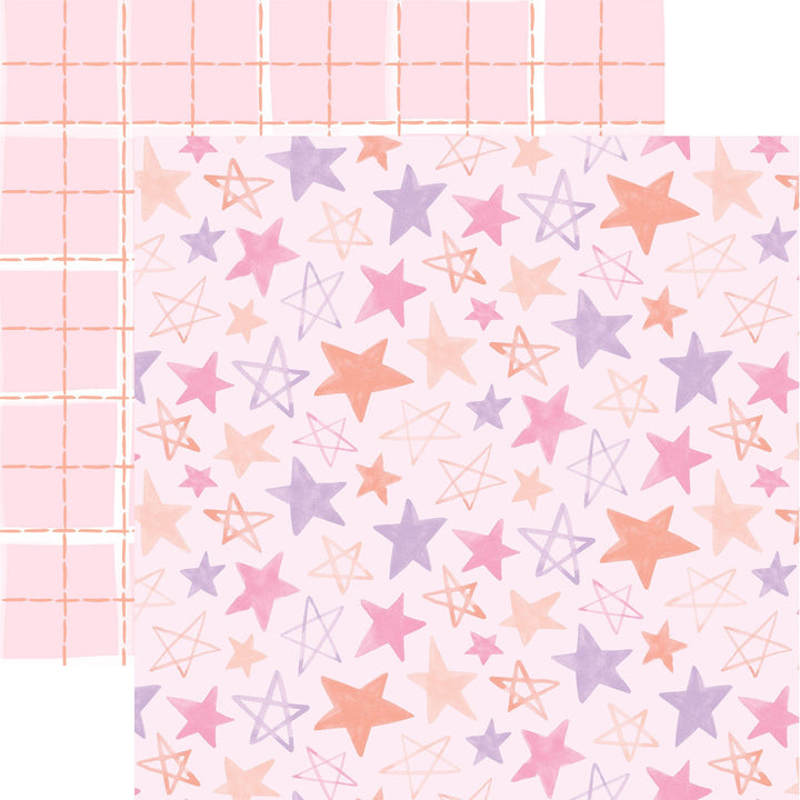 P-2352E - Baby Girl Stars 12 x 12 Paper - Light pink scrapbook paper featuring scattered stars in pink, purple, peach, and cream with dashed grid lines