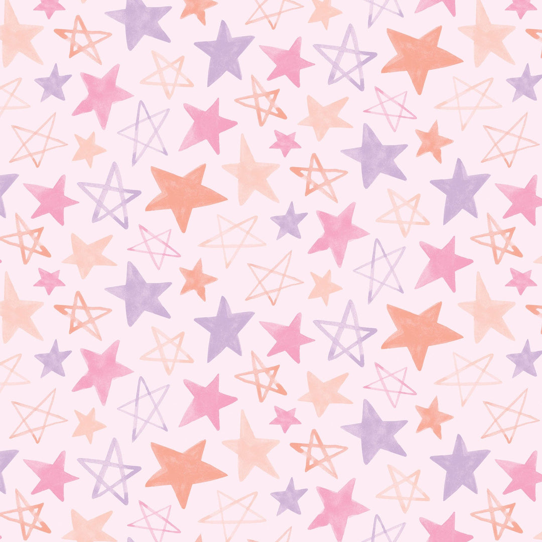 P-2352E - Baby Girl Stars 12 x 12 Paper - Pastel pink background scattered with filled and outlined stars in pink, purple, peach, and cream