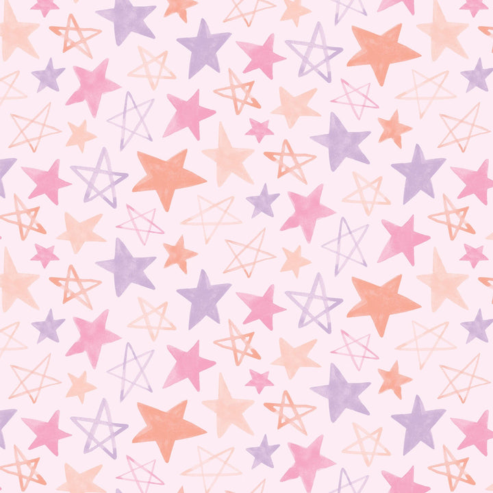 P-2352E - Baby Girl Stars 12 x 12 Paper - Pastel pink background scattered with filled and outlined stars in pink, purple, peach, and cream