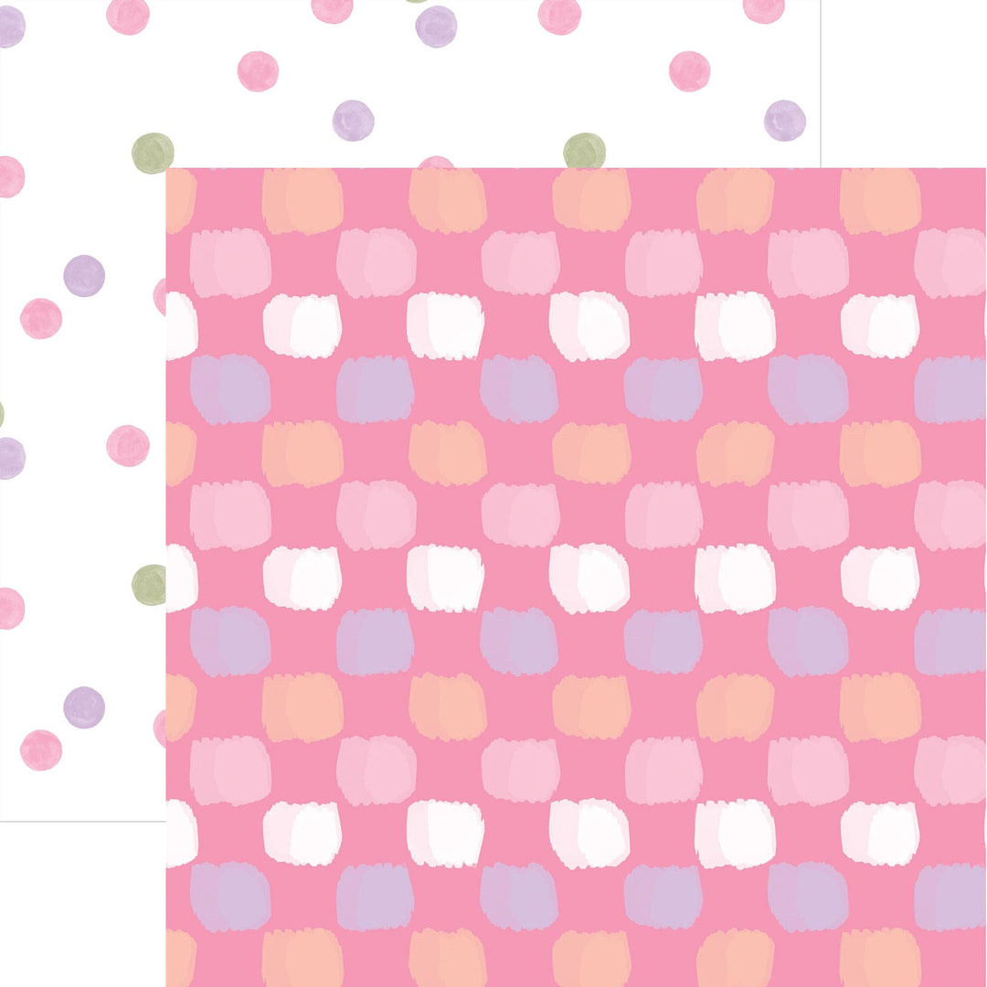 P-2353E - Baby Girl Plaid 12 x12 Paper - Pink plaid scrapbook paper with pastel squares in white, lavender, peach, and light pink, surrounded by decorative polka dots