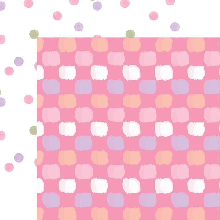 P-2353E - Baby Girl Plaid 12 x12 Paper - Pink plaid scrapbook paper with pastel squares in white, lavender, peach, and light pink, surrounded by decorative polka dots