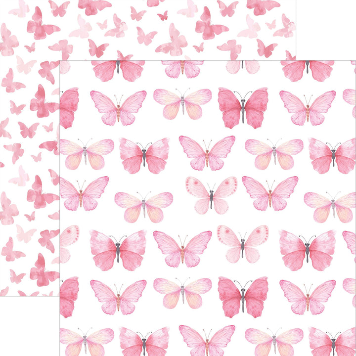 P-2354E - Pink Watercolor Butterflies 12 x 12 Paper - Pink watercolor butterflies in varying shades arranged in rows on white background with scattered butterfly pattern on left side