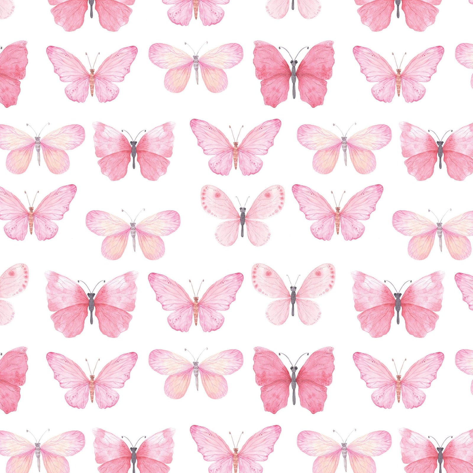 P-2354E - Pink Watercolor Butterflies 12 x 12 Paper - Seamless pattern of pink watercolor butterflies in varying shades on white background